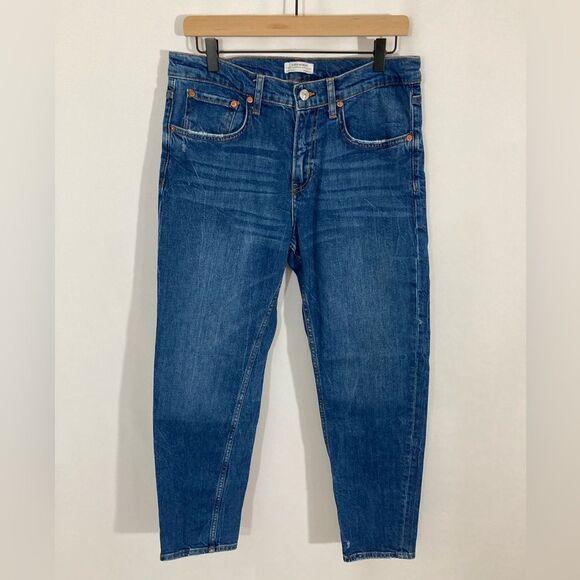 Zara Premium Jeans Women’s 8 Blue Denim High Rise Distressed Tapered Leg - Picture 2 of 12